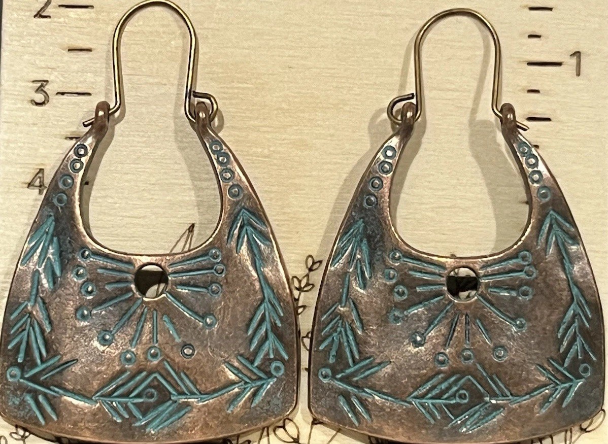 Indigenous Made Metal Bronze Alloy Dangle Earrings Stocking Stuffer Pine Trees