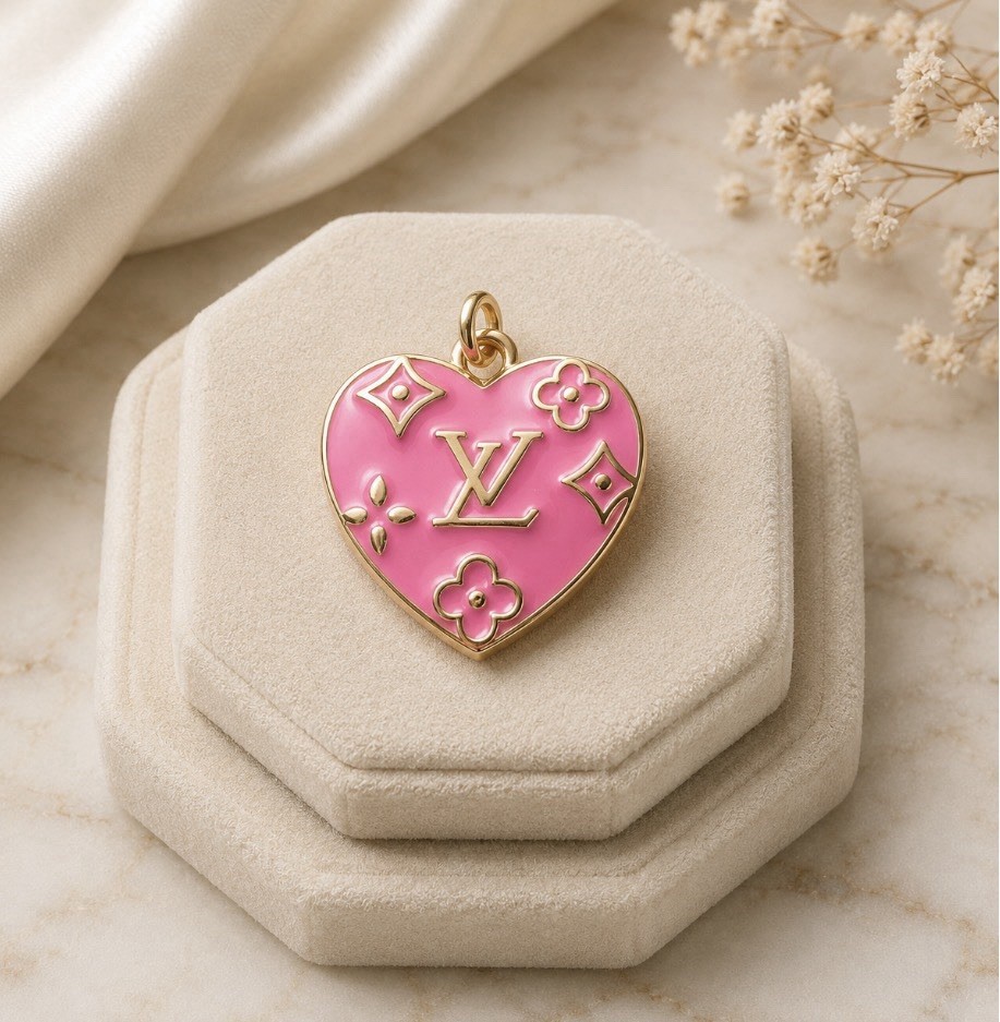Louis Vuitton Pink Enamel Heart Pendant Charm Gold Tone Italy 0.8”