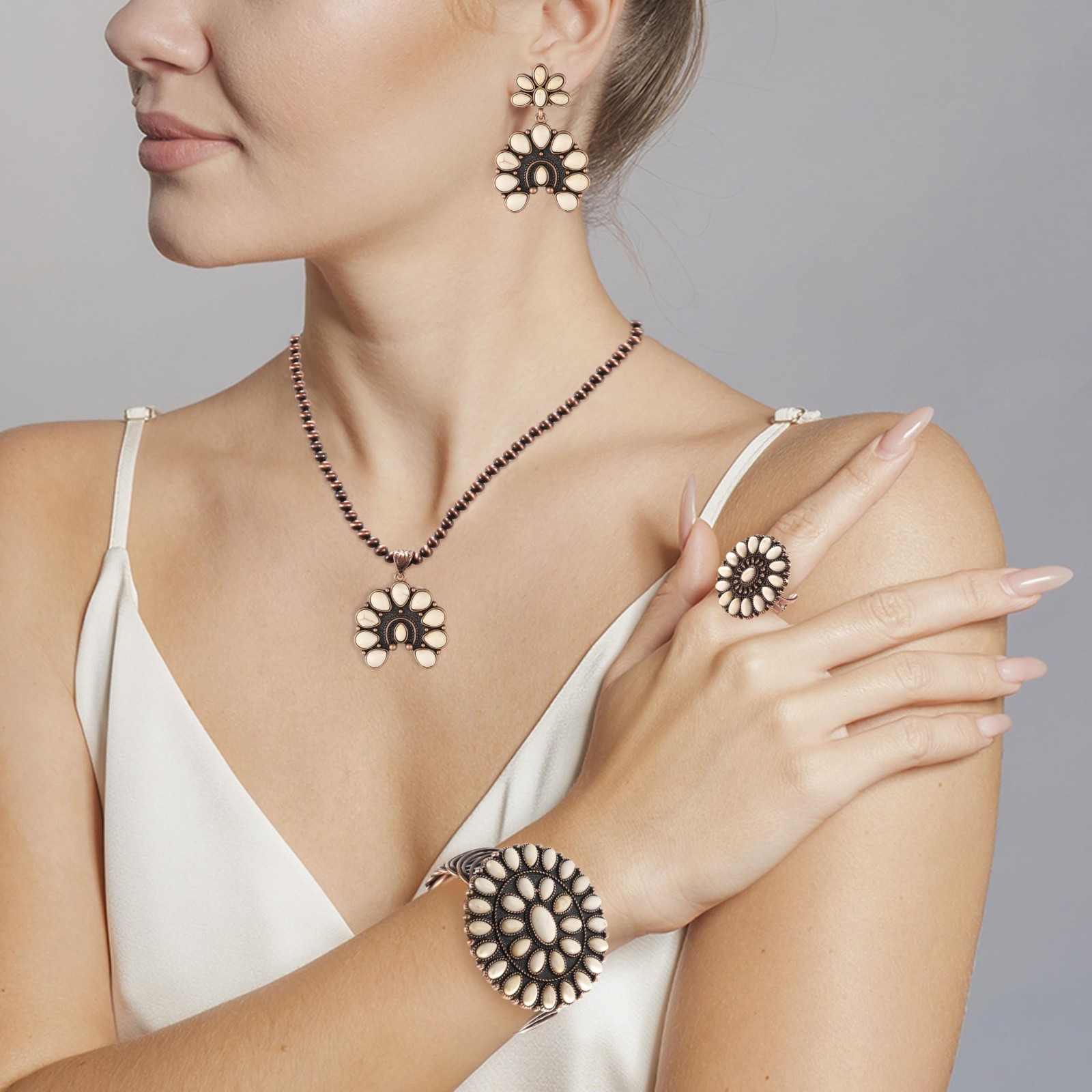 4 PCS Boho Turquoise Jewelry Set for Women – Vintage Necklace, Earrings, Bracele