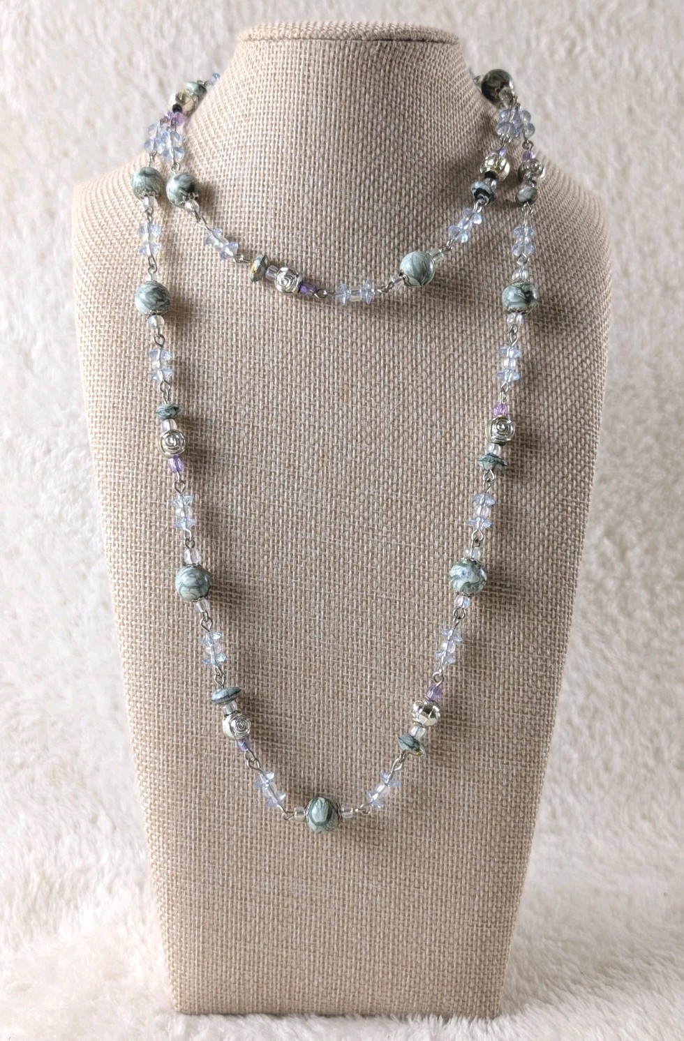 Long Beaded Necklace Blue Crystal Glass Stone Silver Tone Layering Boho