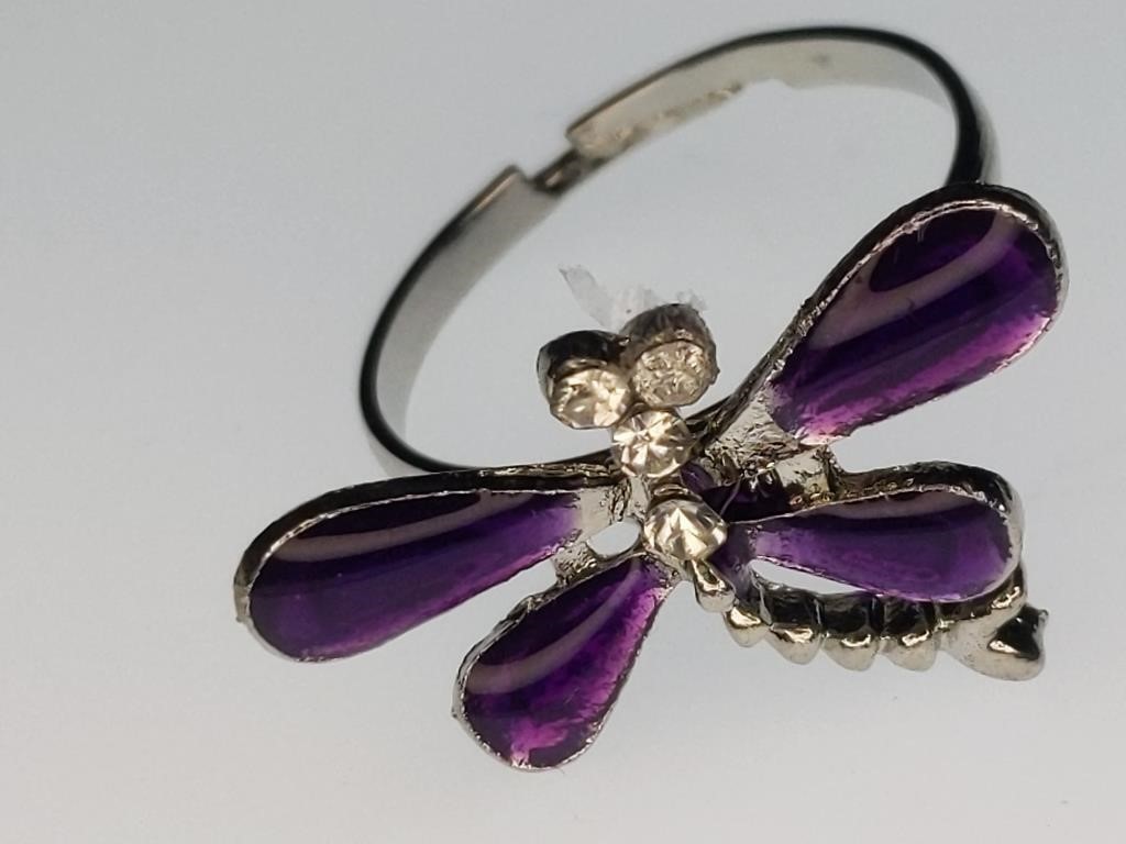 Yellow, Purple, Black, Orange, and Green Dragonfly Adjustable Fashion Rings