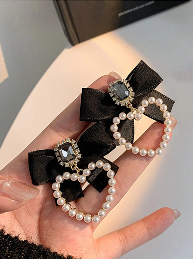 Pearl Heart Bow Earrings for Women Sweet Cute Mesh Stud Fashion Jewelry