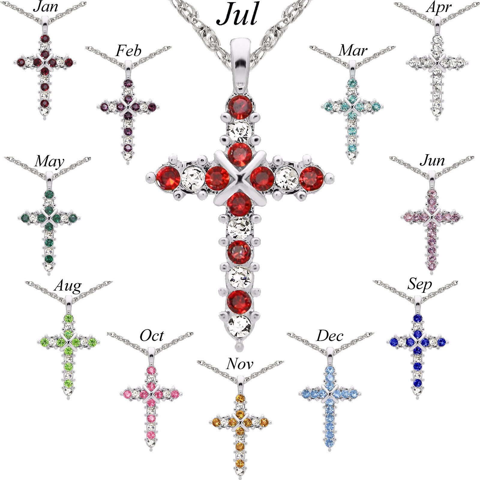 Austrian Crystal Silver Birthstone Cross Necklace 15″-18″ Adj Chain ALL MONTHS!