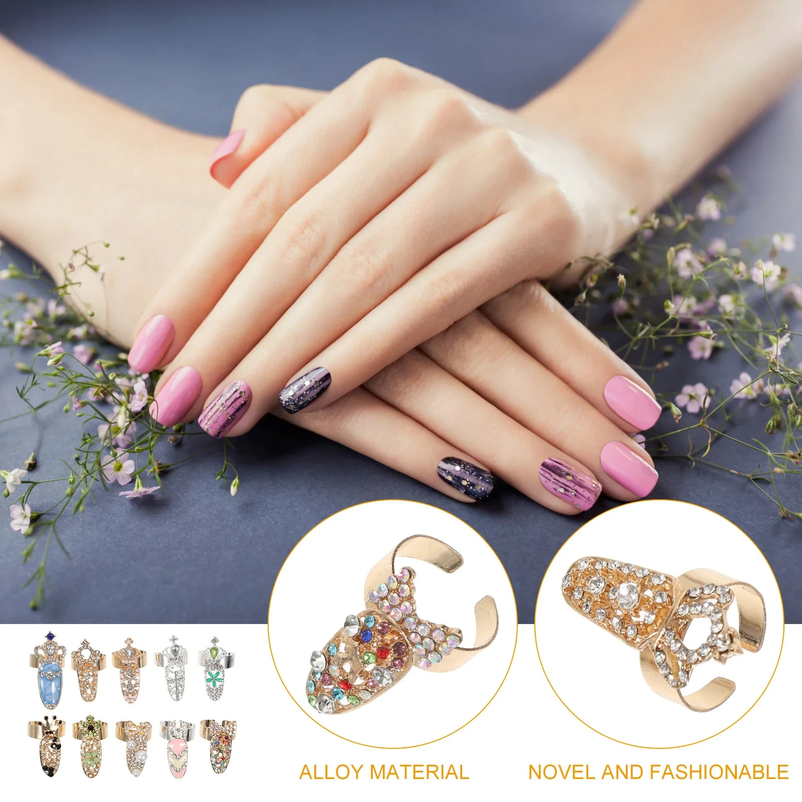 10Pcs Rhinestone Nail Rings Finger Tip Rings Women Punk Party Costume Jewelry
