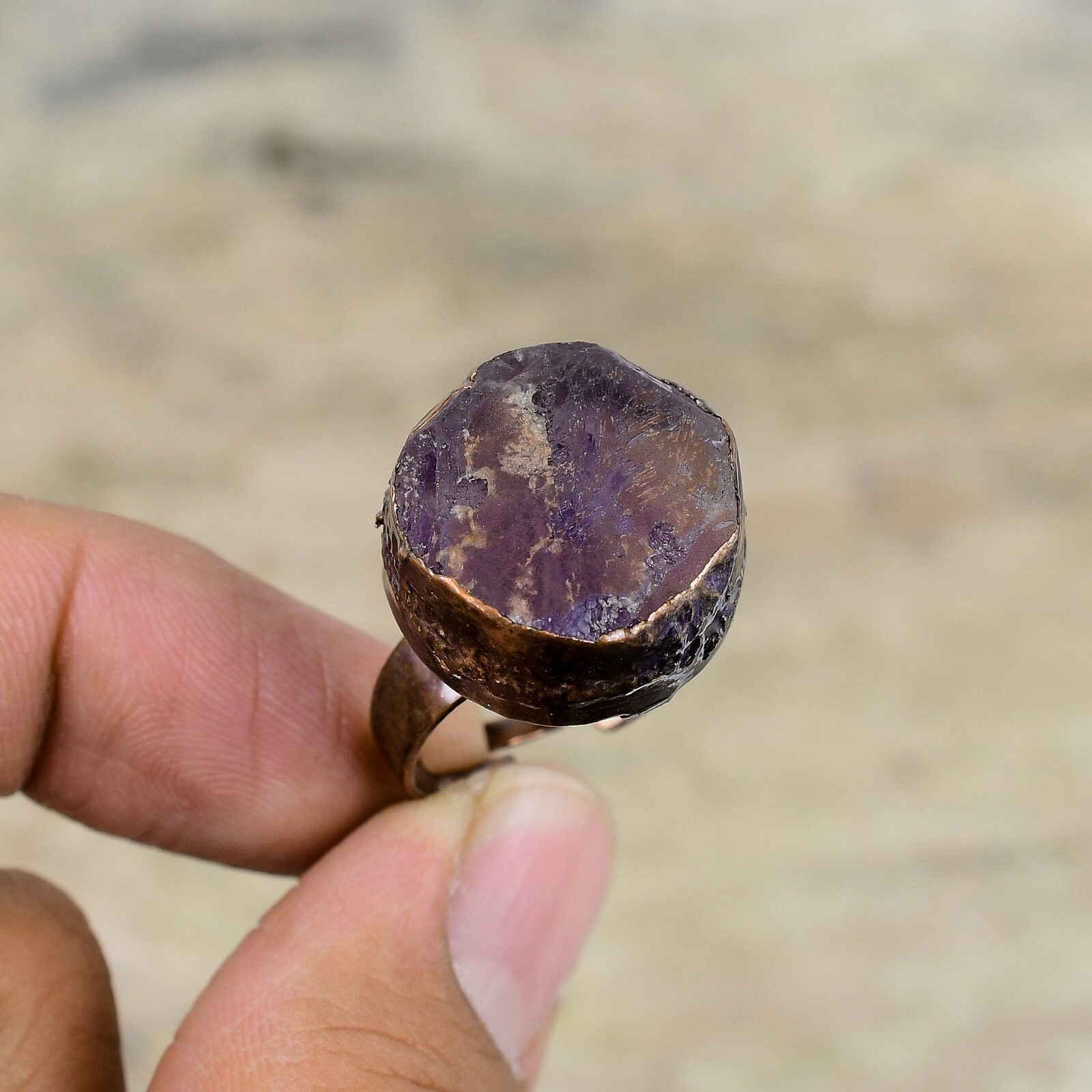 African Amethyst Rough Copper Electroformed Adjustable Ring Size Adjustable