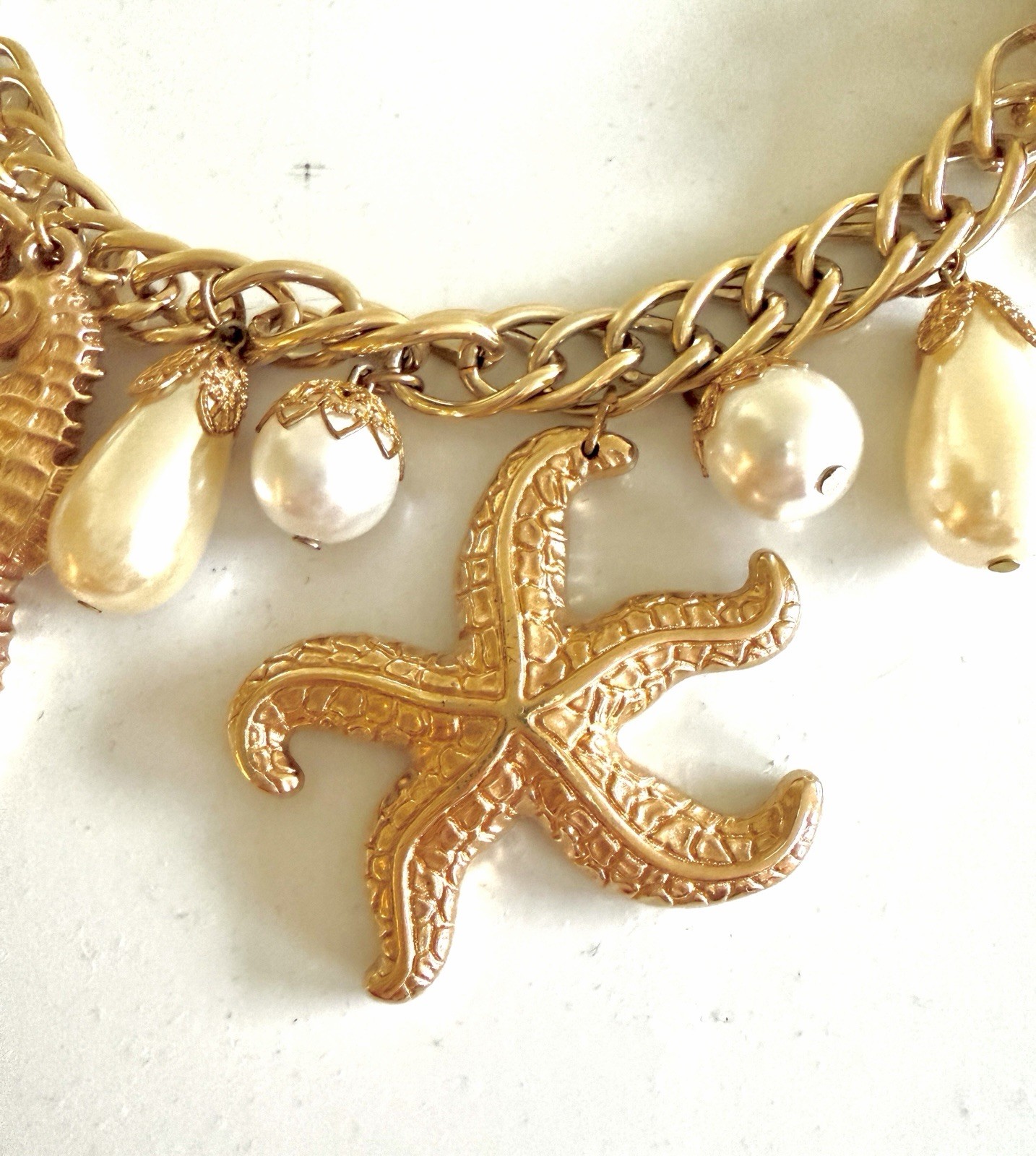 Lovely Beach Sea Life Necklace With Starfish, Sea Horses and Faux Pearls, 16”
