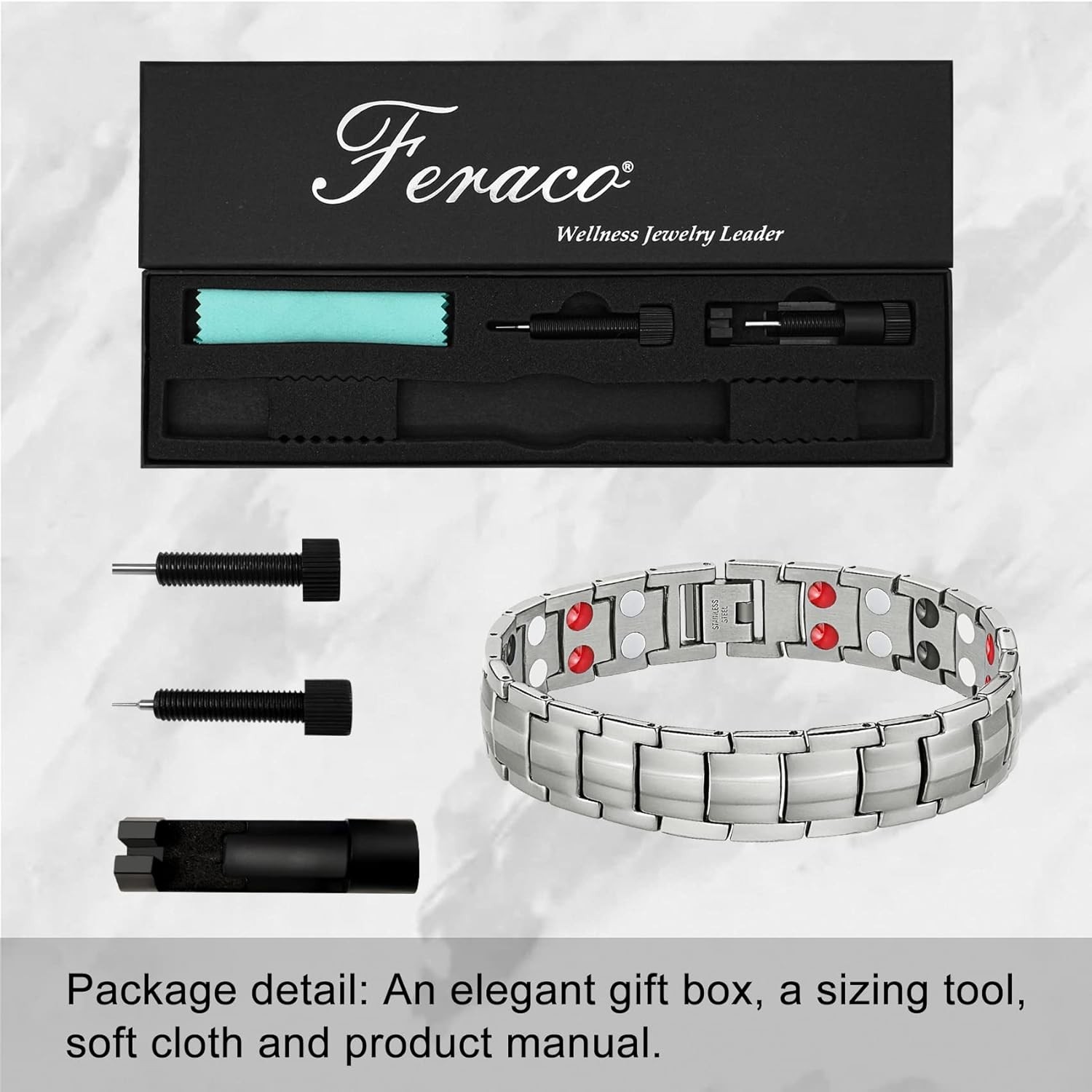 Feraco Mens Bracelet Magnetic Titanium Steel 4 Elements Magnets Bracelet, Silver