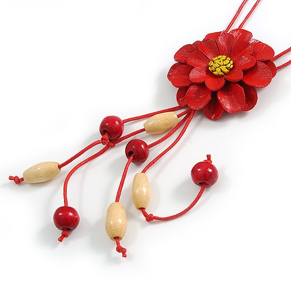 Daisy Flower Leather Pendant with Long Cotton Cord/ Red/ 80cm L/ Adjustable