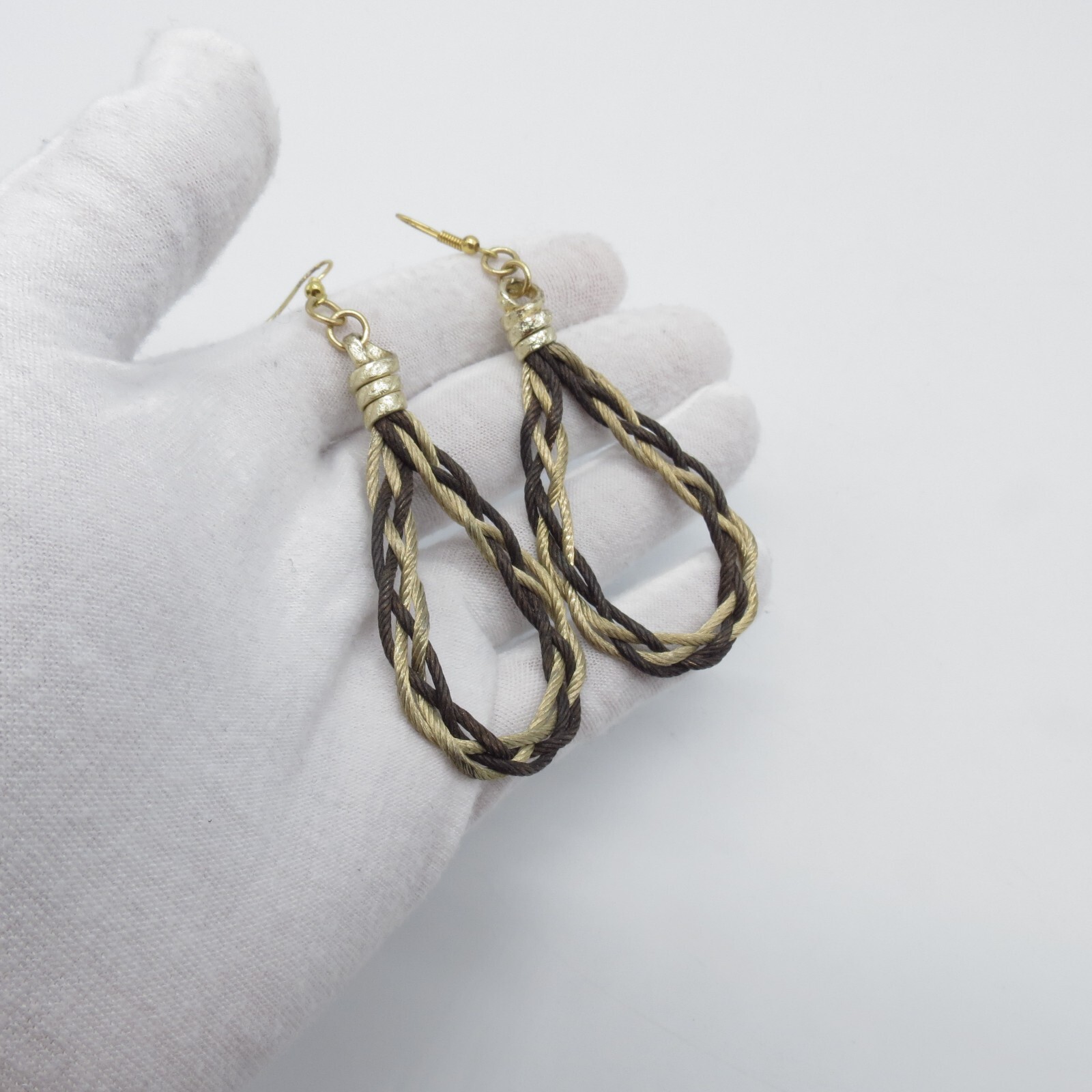 Teardrop Dangle Earrings Brown Beige Braided Rope Gold Tone Boho
