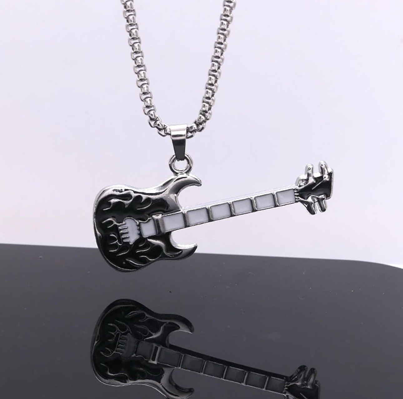 Fashion Vintage Hip Hop Punk Titanium Stainless Steel Guitar Music Necklace