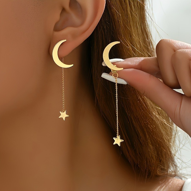 Women’s Fashion Golden Moon Ear Studs Tassel Star Pendant Earrings Copper
