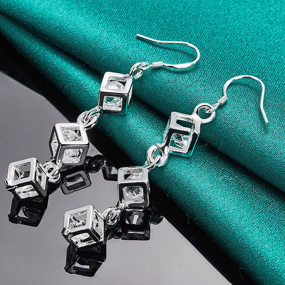 925 Sterling Silver Square Cubic Zircon Drop Earrings L: 2.4in W: 7mm Dangle