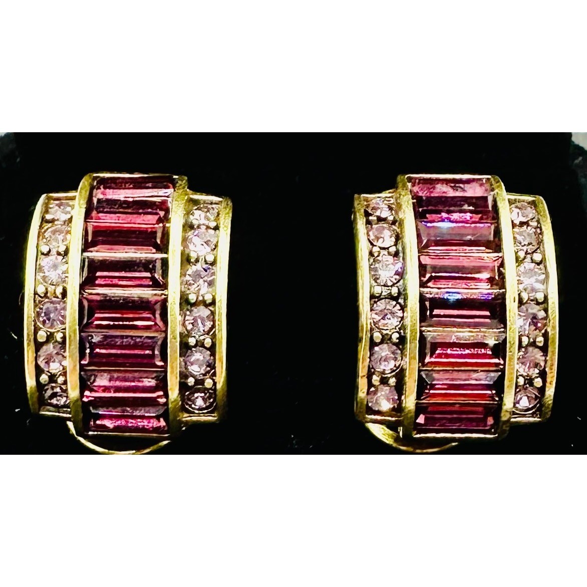 Heidi Daus Bronzetone Baguette Amethyst Crystal Art Deco Omega Hoop Earrings