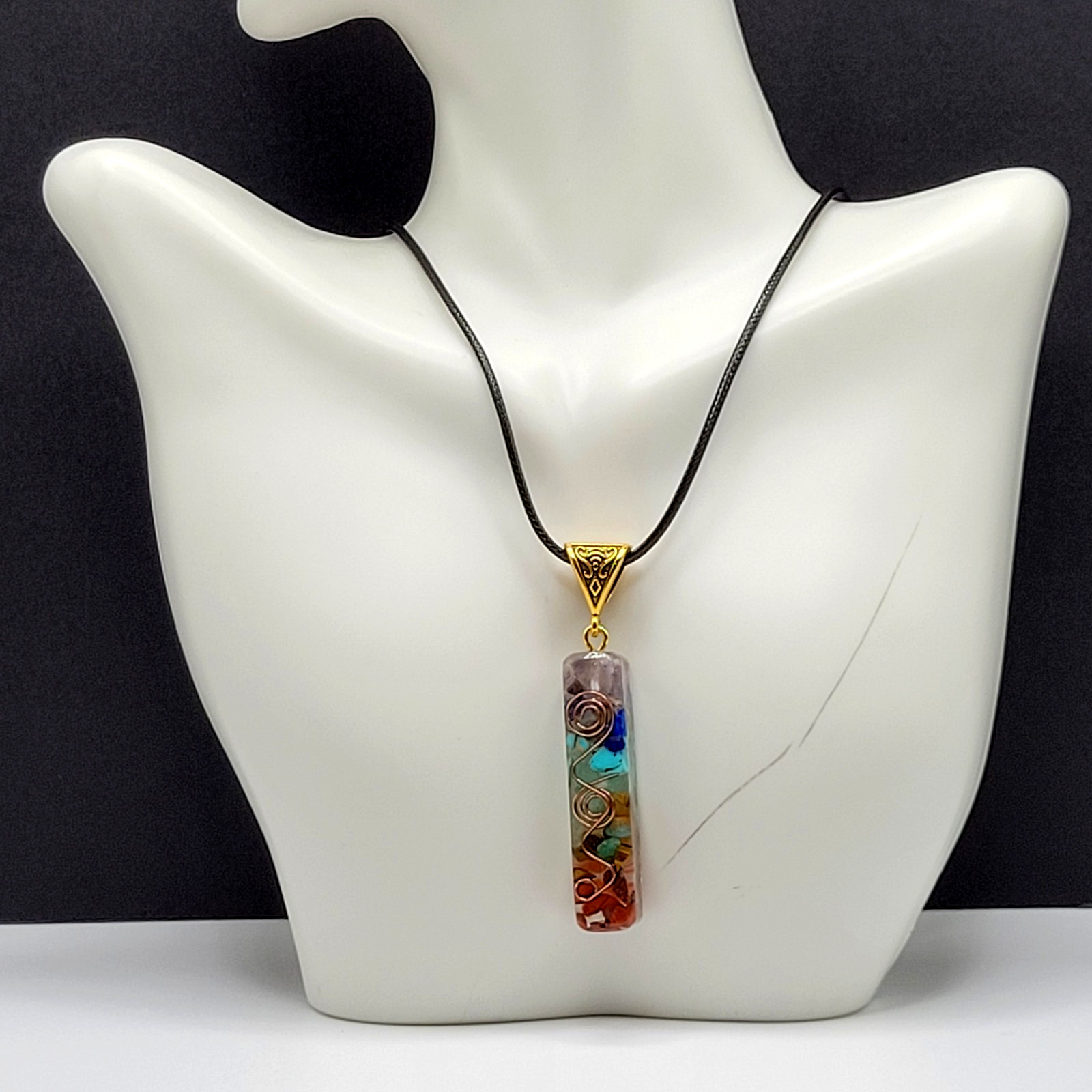 Modern Stone Chip Chakra Healing Meditation Pendant Faux Leather Cord Necklace
