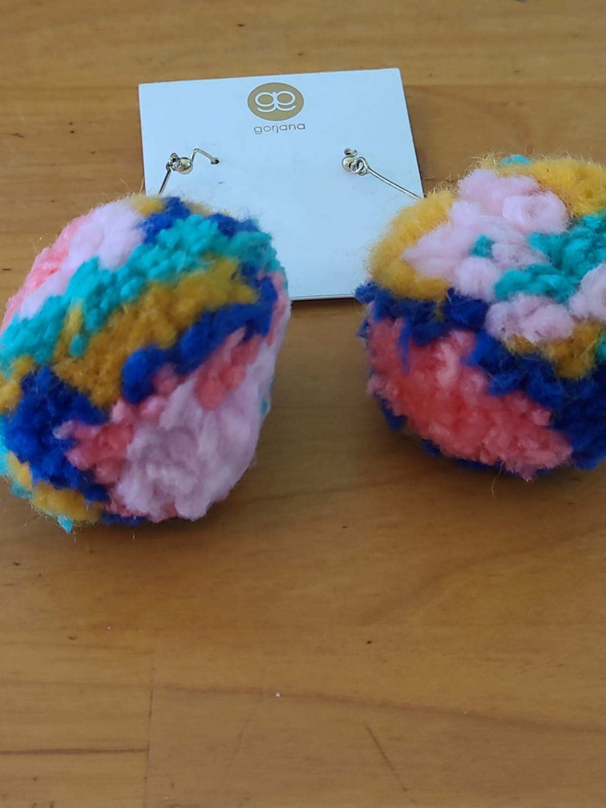 Gorjana Multicolor Pom Pom Dangle Earrings Gold Tone Knit Yarn Statement Boho
