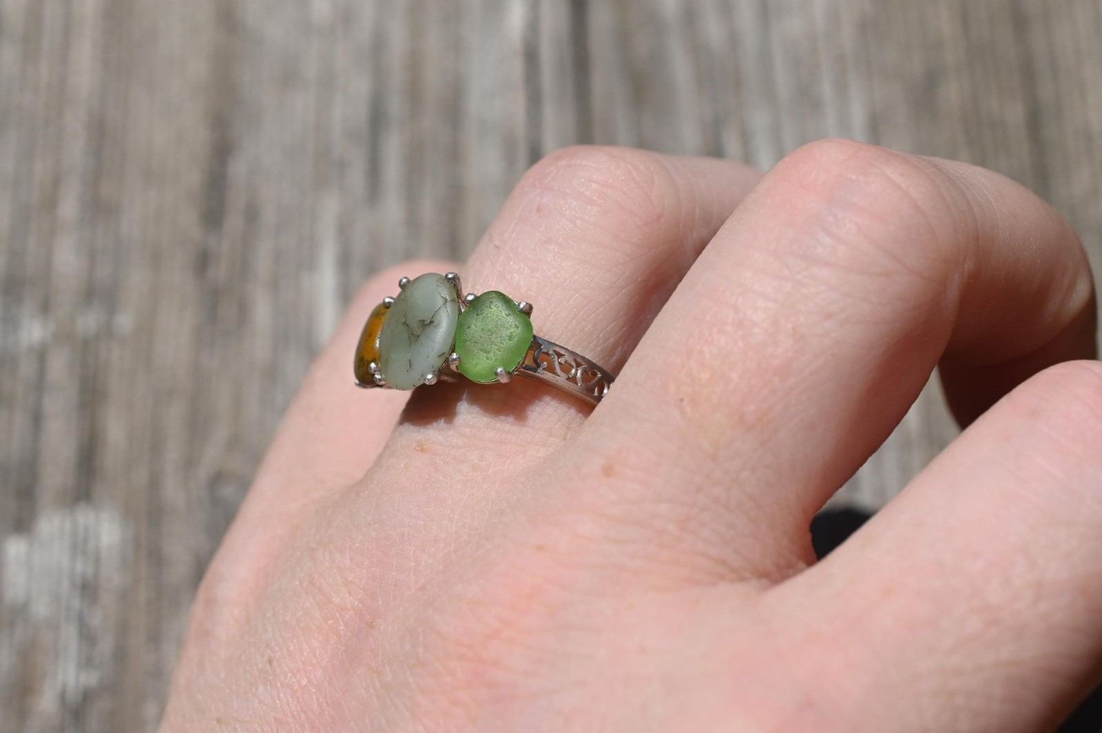 Engagement ring Jasper and green beach glass sterling silver size 3 4 5 6 7 8 9
