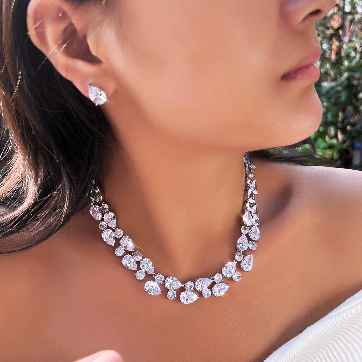 Water Drop Round Zircon Wide Necklace Earrings Silver Plated Wedding Jewelry Set