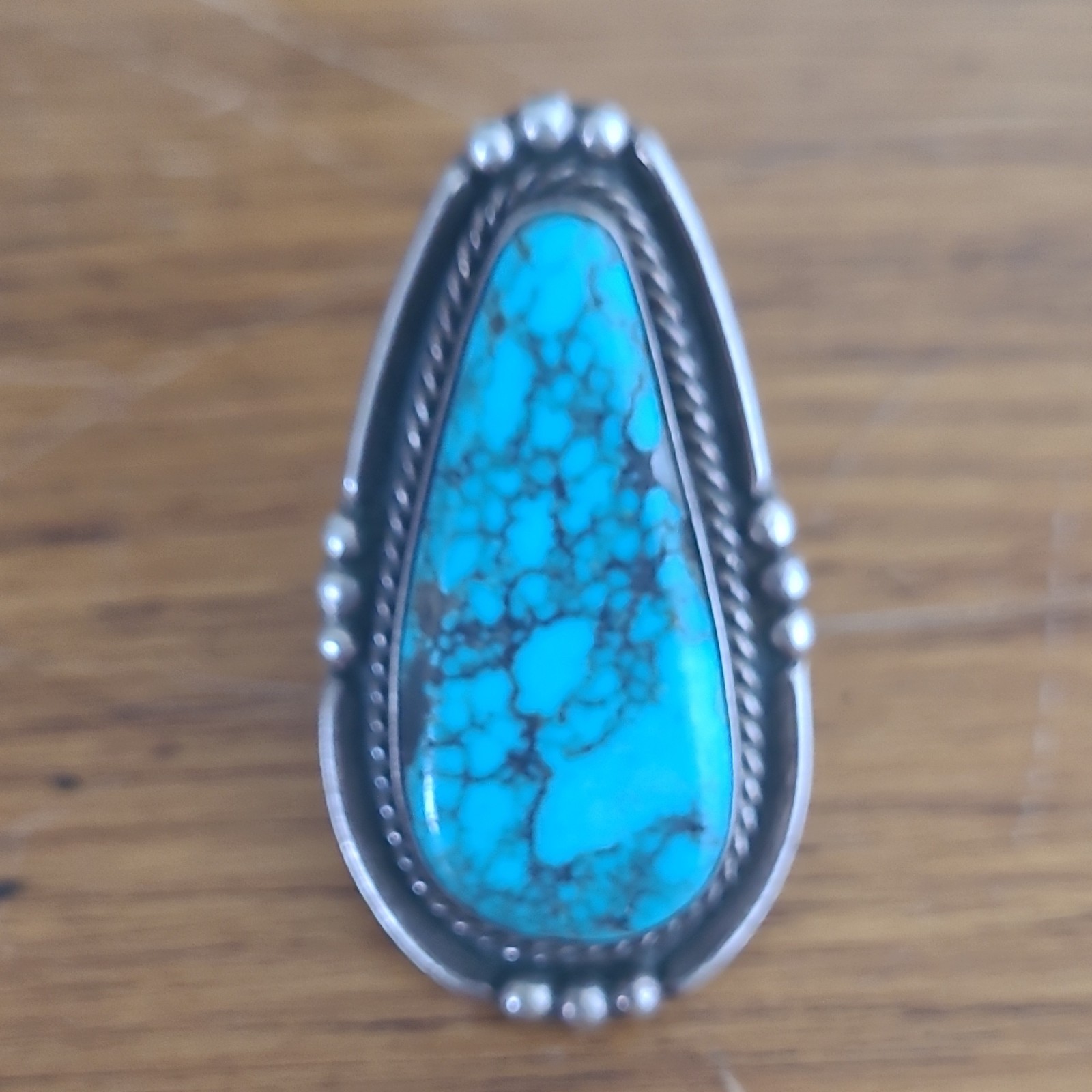 925 Sterling Silver Teardrop Blue Turquoise Bezel Set Statement Ring Size 6.75