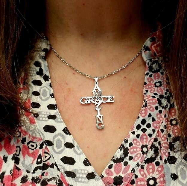 Stainless Steel Amazing Grace Cross Necklace – Silver, Christian Faith, Church