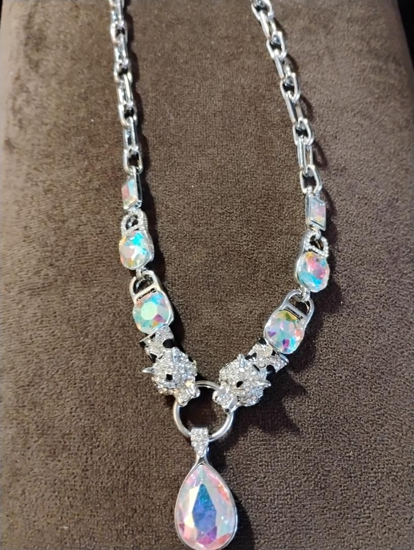 White Mystic Color Glass, Austrian Crystal Enameled Necklace