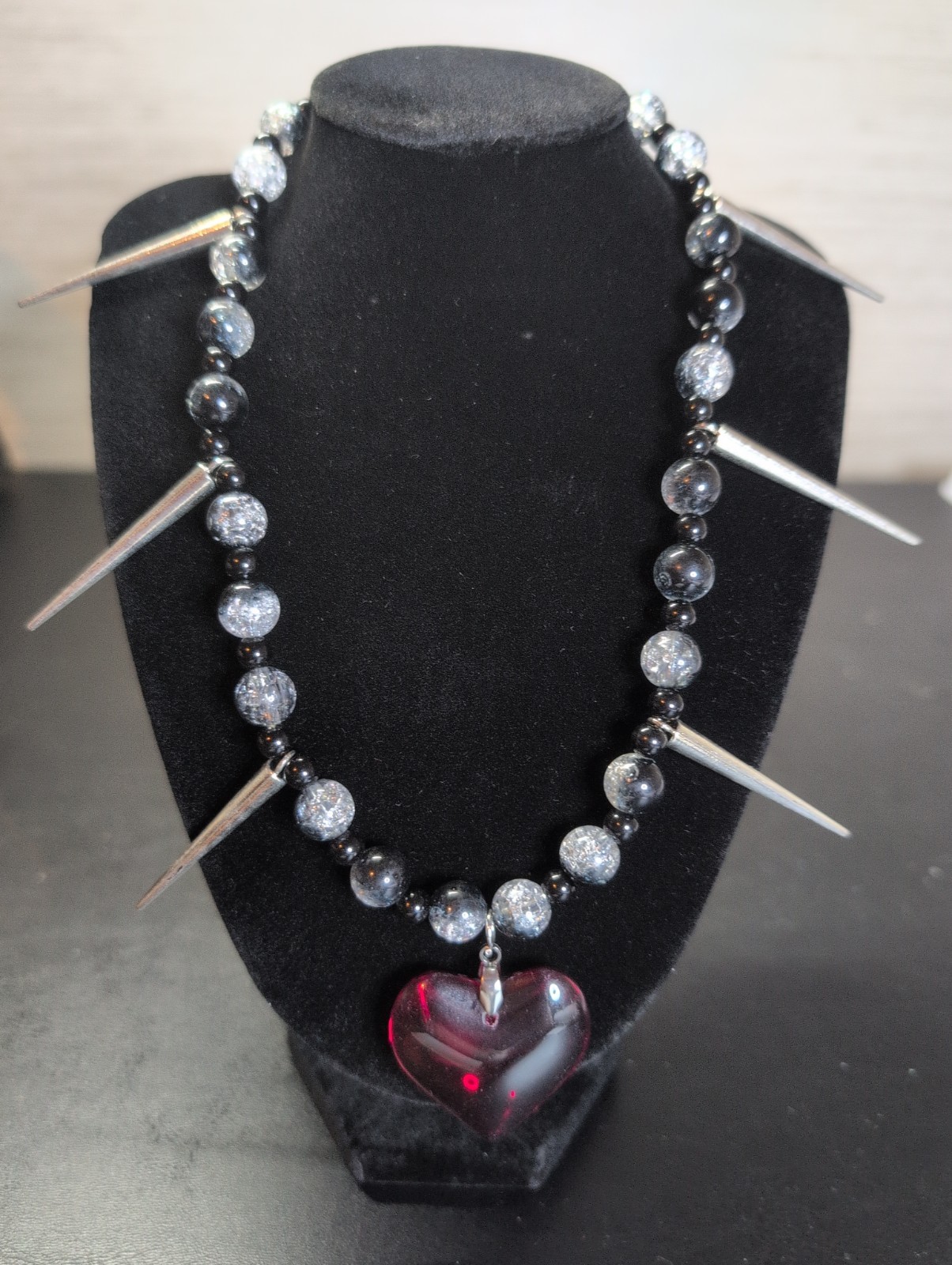Gothic Necklace Featuring Big Red Heart Spikes And Black And Silver Beads 9…