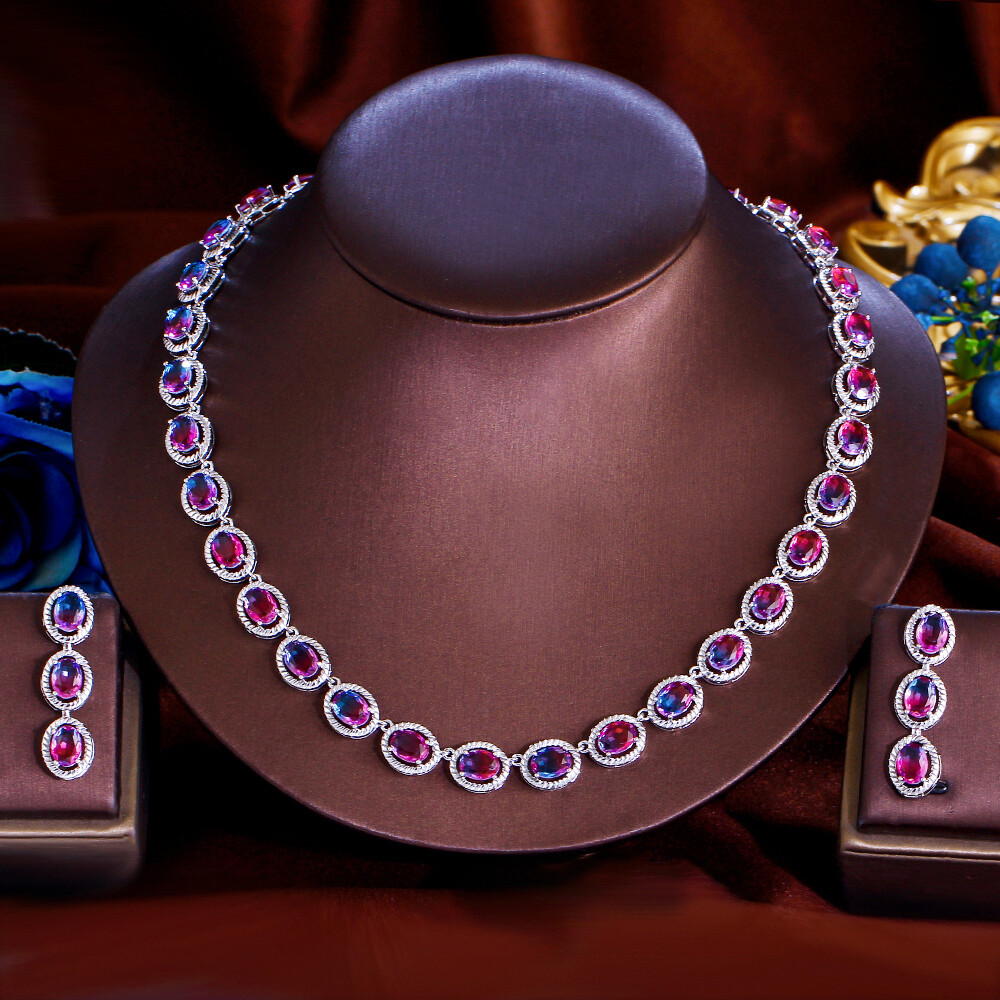 Silver Plated Rainbow Cubic Zirconia Tennis Necklace Earrings Bridal Jewelry Set
