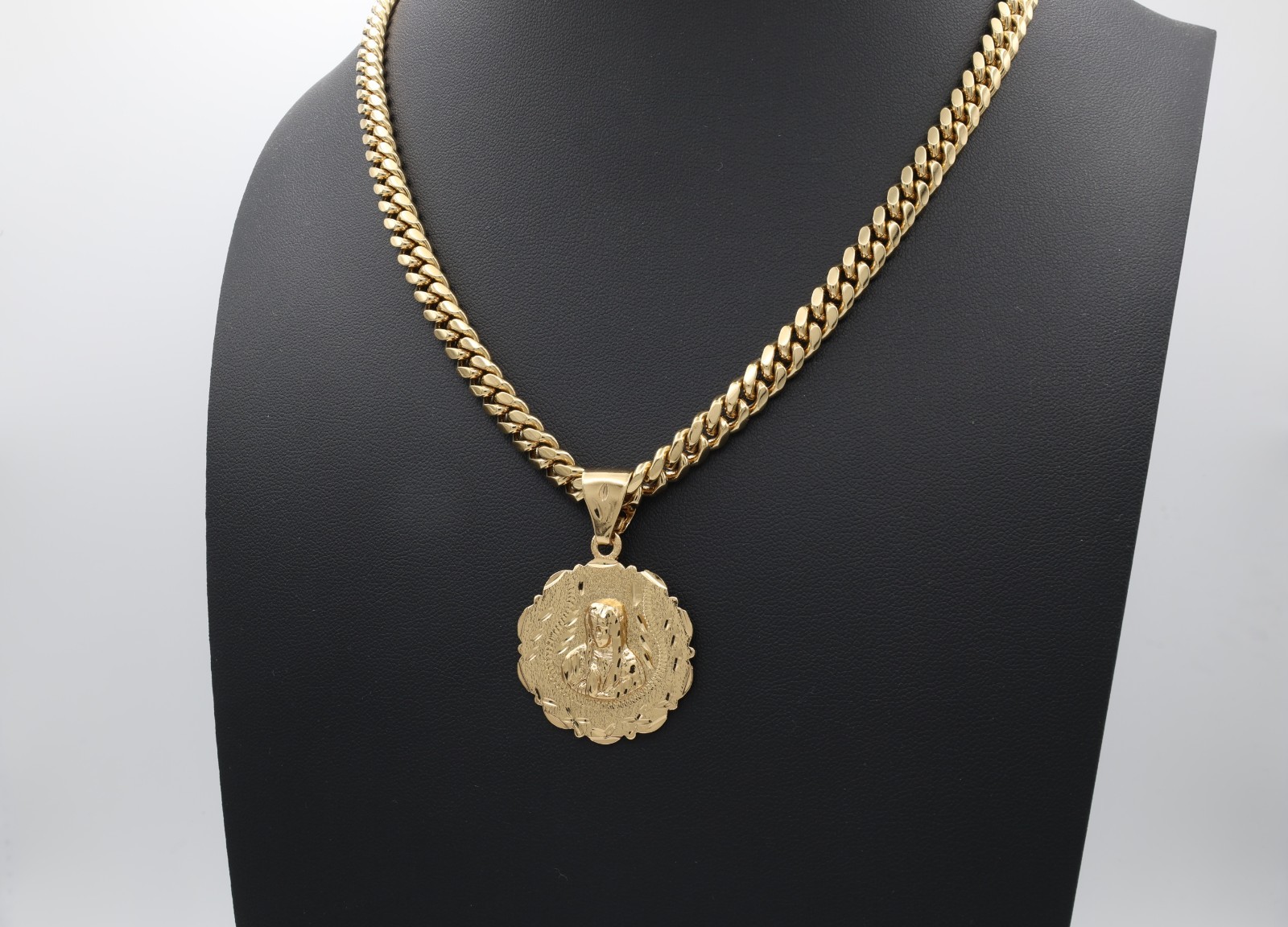 14K Gold Plated Virgin Mary Pendant Necklace 7mm Curb Link Chain Men’s/Women’s
