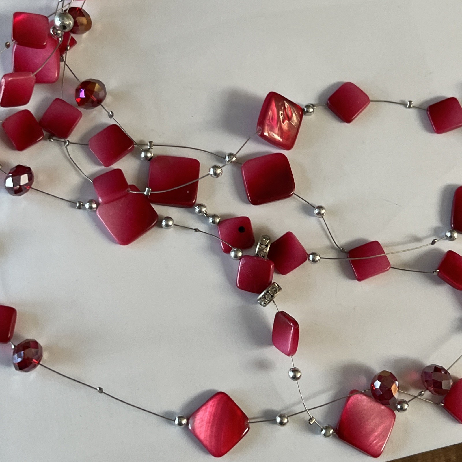 5 layers 27 inch Layered Hot Pink And Grey silver tones Beaded Necklace elegant