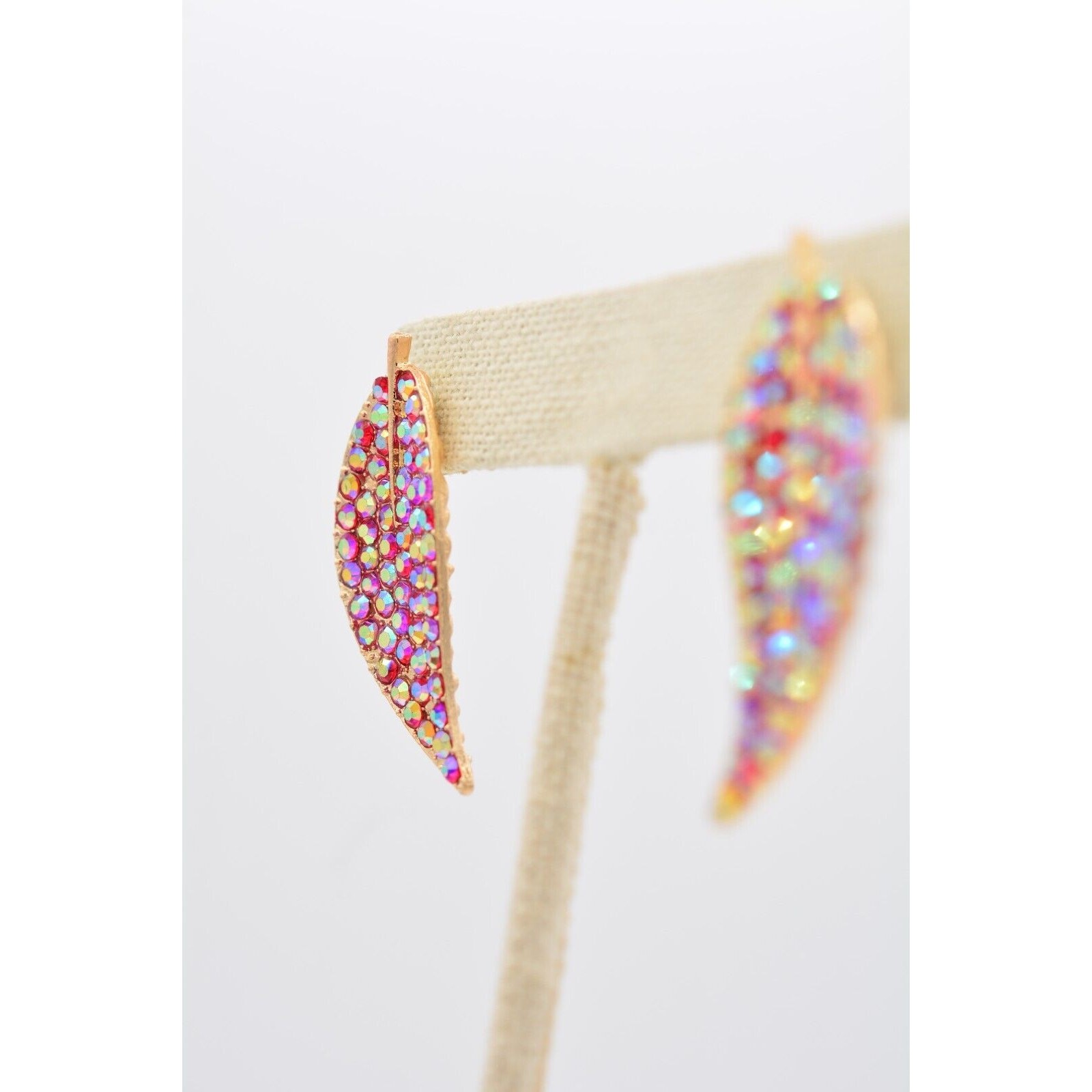 Crystal Leaf Earrings Red Rhinestone Aurora Borealis Gold Tone Sparkling BinAA