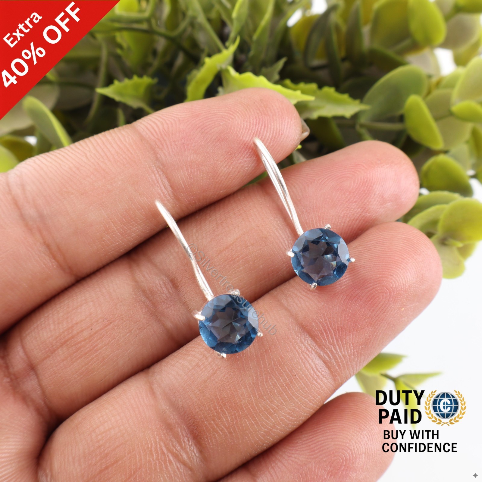 925 Silver Round London Blue Topaz Gemstone Dangle Drop Mother Earrings Jewelry
