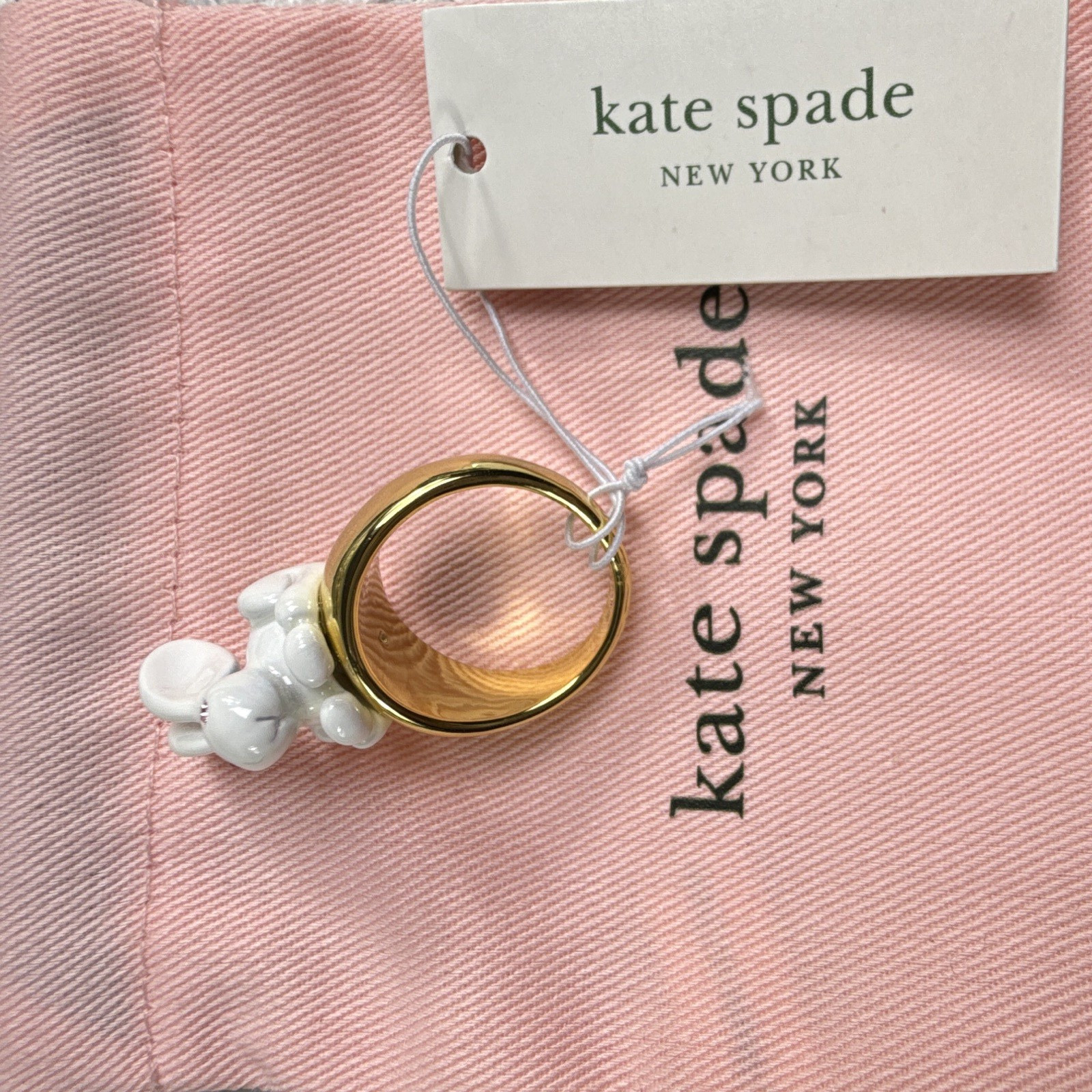 kate spade new york Gold/White Bunny Rabbit Enamel Band Ring Size 7 Pink Eyes