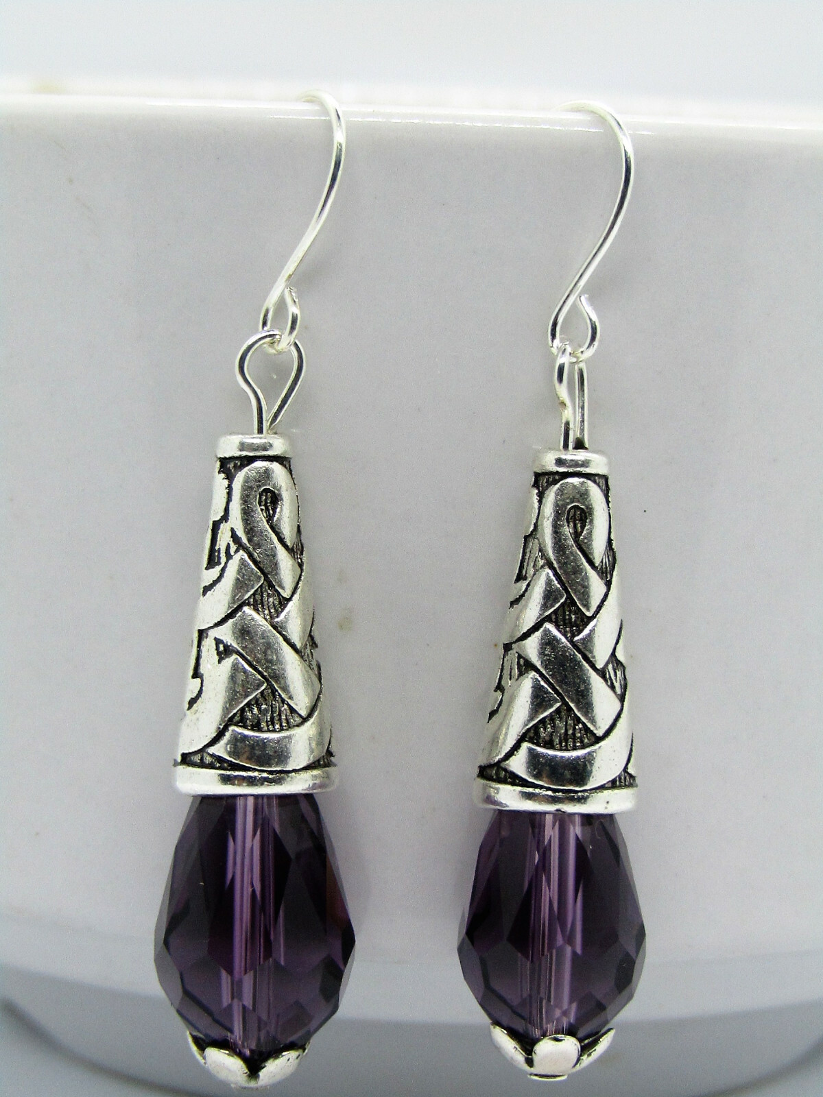 Purple Teardrop Crystal Decorative Cone Silver Dangle Earrings USA MADE