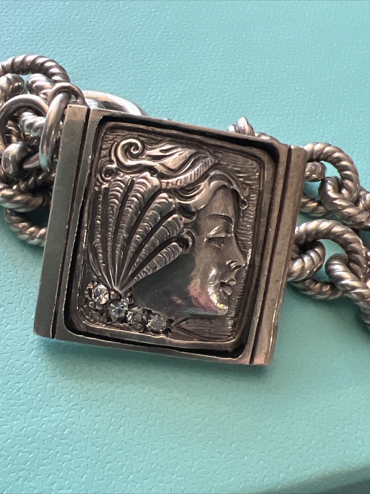NATALIE BARONI Sterling Silver Portrait Charm Bracelet With Cz Signed 7.5”