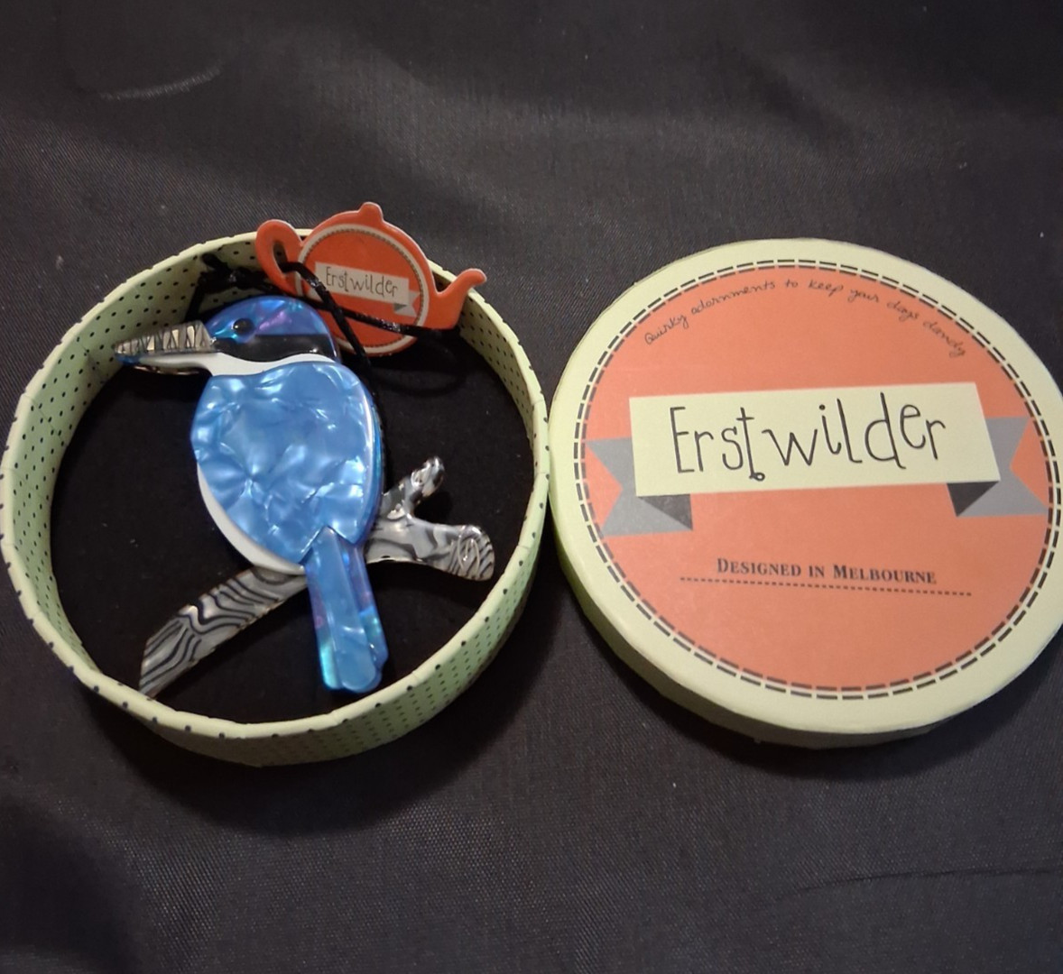 Erstwilder Brooch “Regal Rod-Man” 2016 Blue Acrylic Bird by Designer Elena Leong