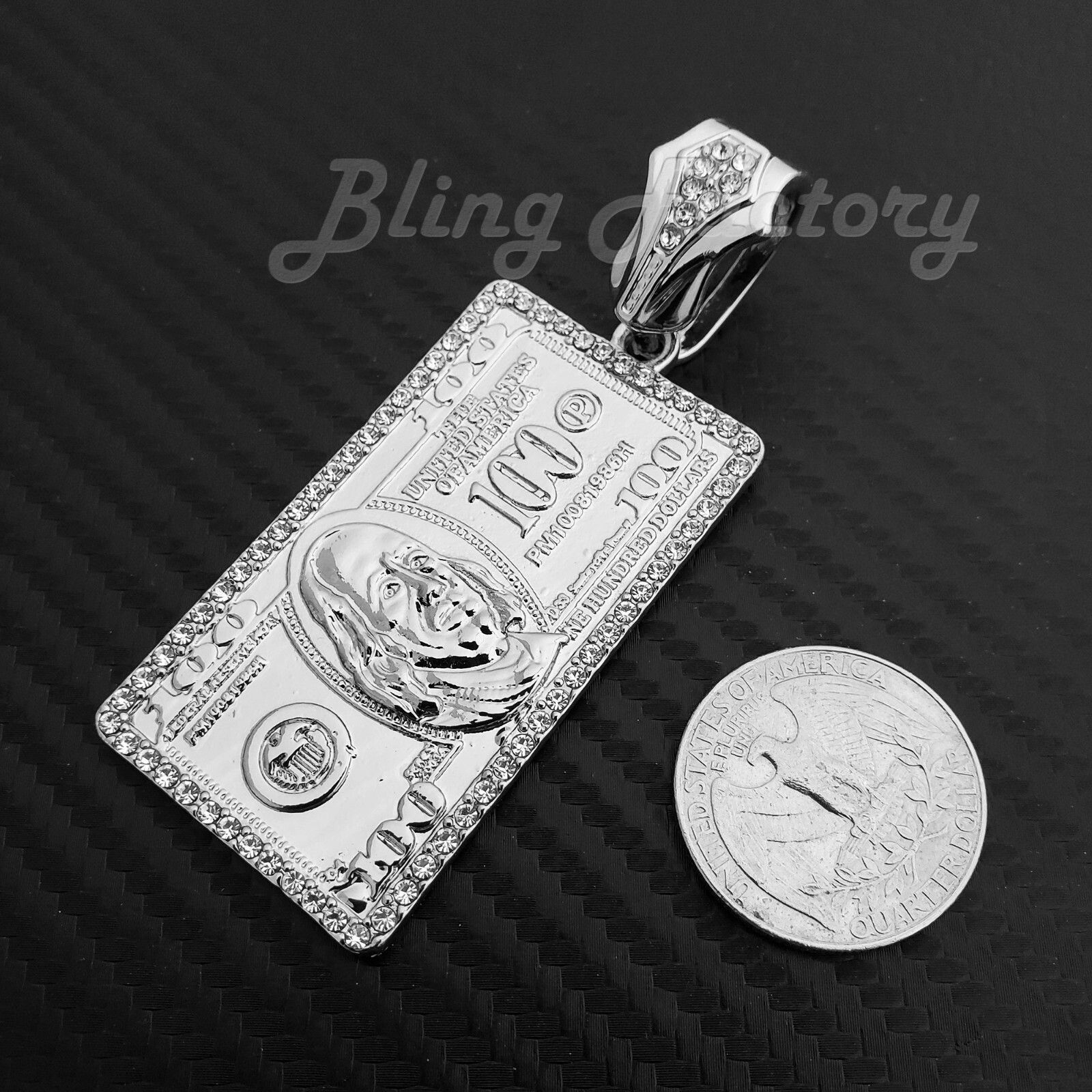 Silver Plated Alloy $100 Dollar Bill Pendant Cubic Zirconia Cuban Chain Necklace