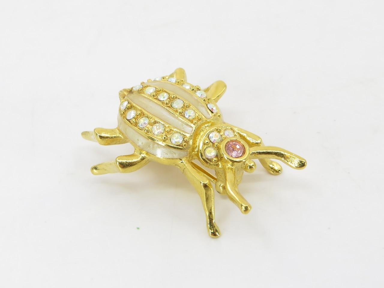 Joan Rivers Beetle Ivory Enamel & Iridescent Pink Rhinestone Brooch Pin in Gold