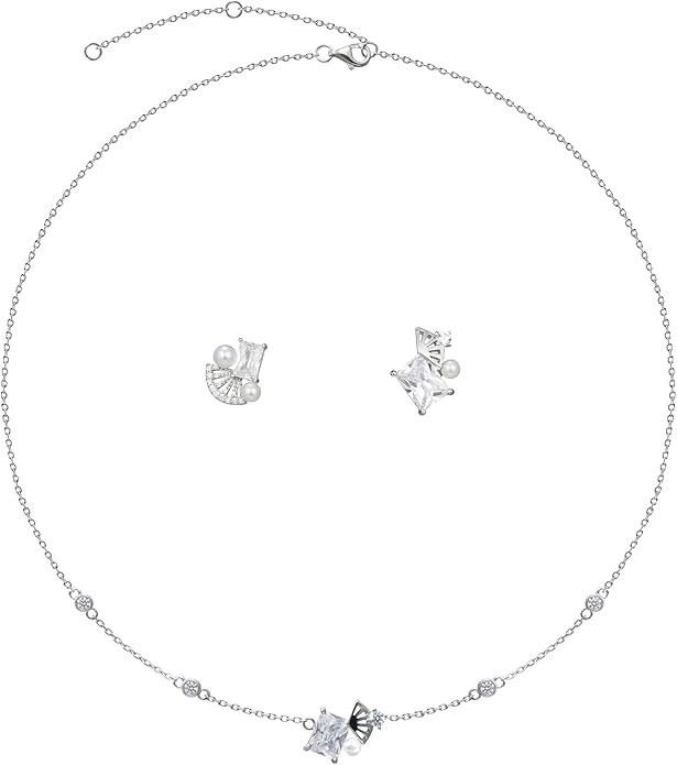 Freshwater Pearl and CZ S925 Sterling Silver Jewelry Set, 17.7in Necklace