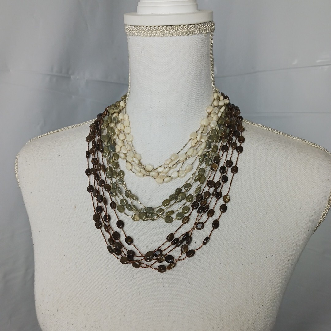 Layered Statement Necklace Multi Ivory Green Earth Tone Beaded Boho Wear To Work