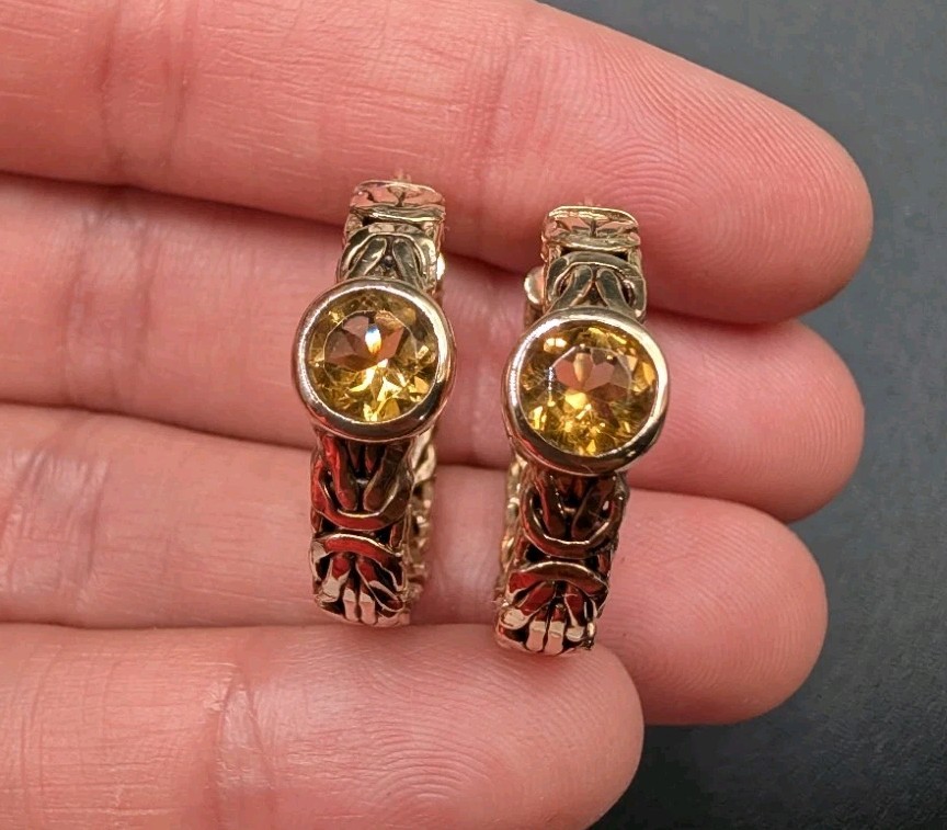 Sterling Silver Gold Vermeil Byzantine Citrine Gemstone OT Turkey Hoop Earrings