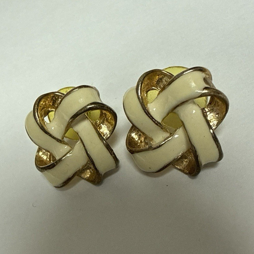 Gold & White Tone Knot Stud Earrings for Lobe, Enamel Metal, Pair
