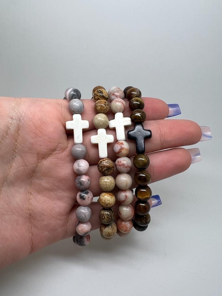 New Collection Bracelets Natural Stone 8mm Cross Elastic Rope