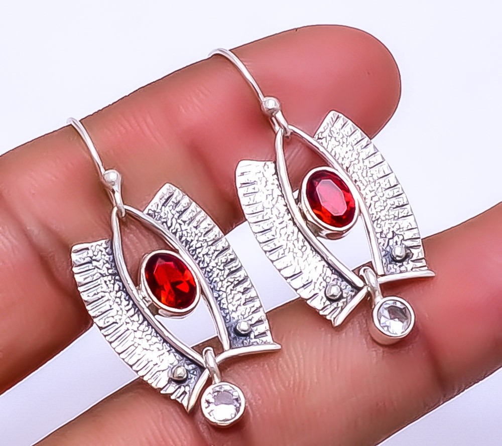 Red Garnet, White Topaz 925 Sterling Silver Earring 1.56″ E40, Christmas Gift