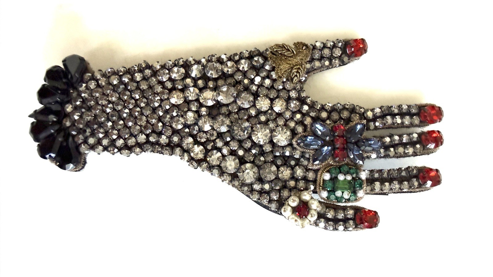 Gucci Black Multicolor Crystal Embellished Right Hand Figure Brooch Pin MSRP$980