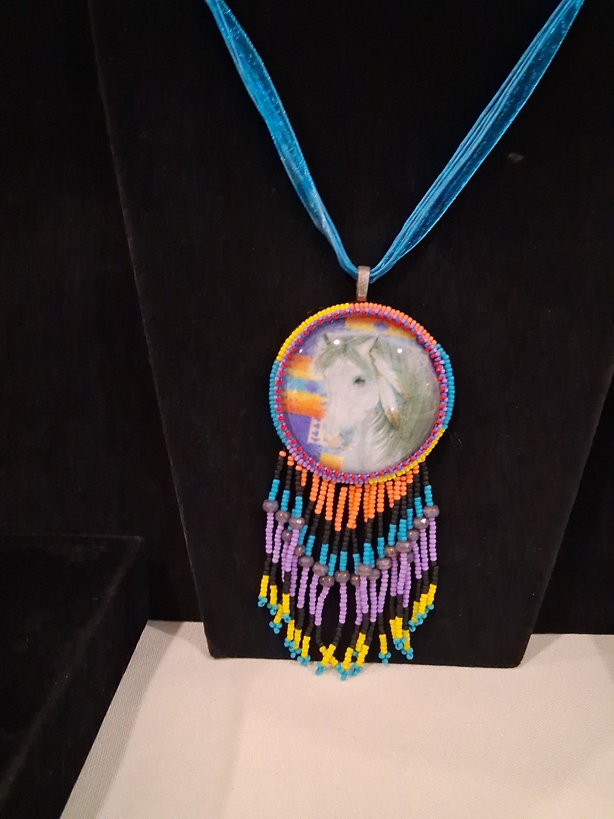 Beaded Medallion 16″Necklace With Horse Design: Multicolored Beadwork&2.5″Fringe