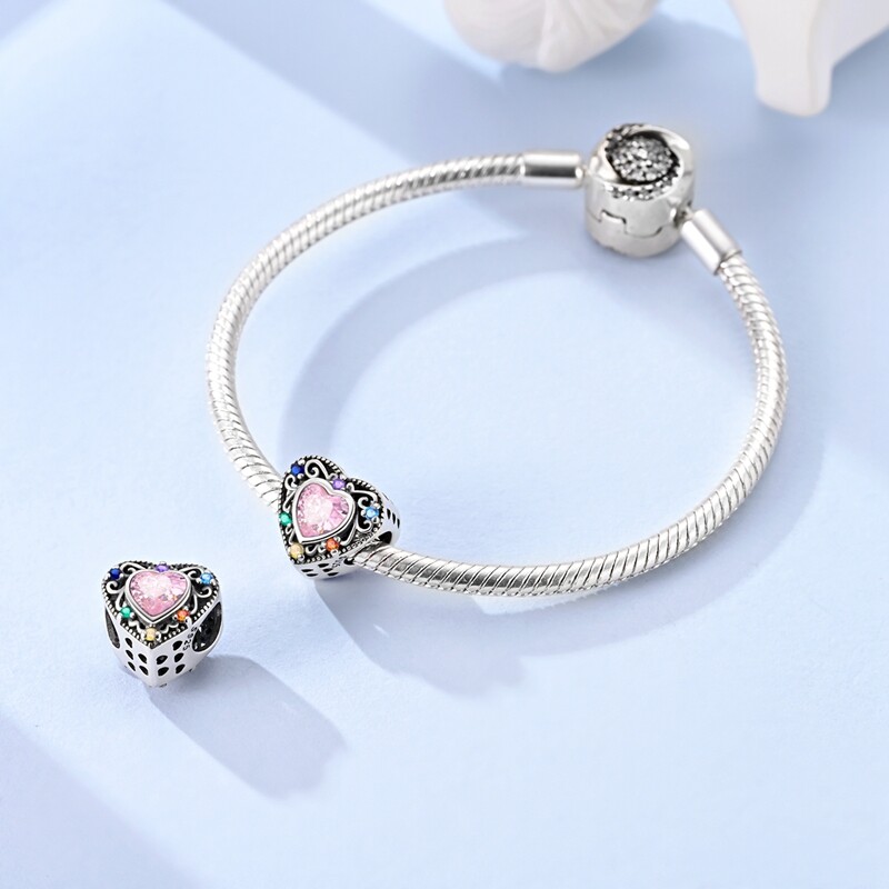 MULA 925 Sterling Silver Love Retro Pattern DIY Charm Pink CZ For Women Bracelet