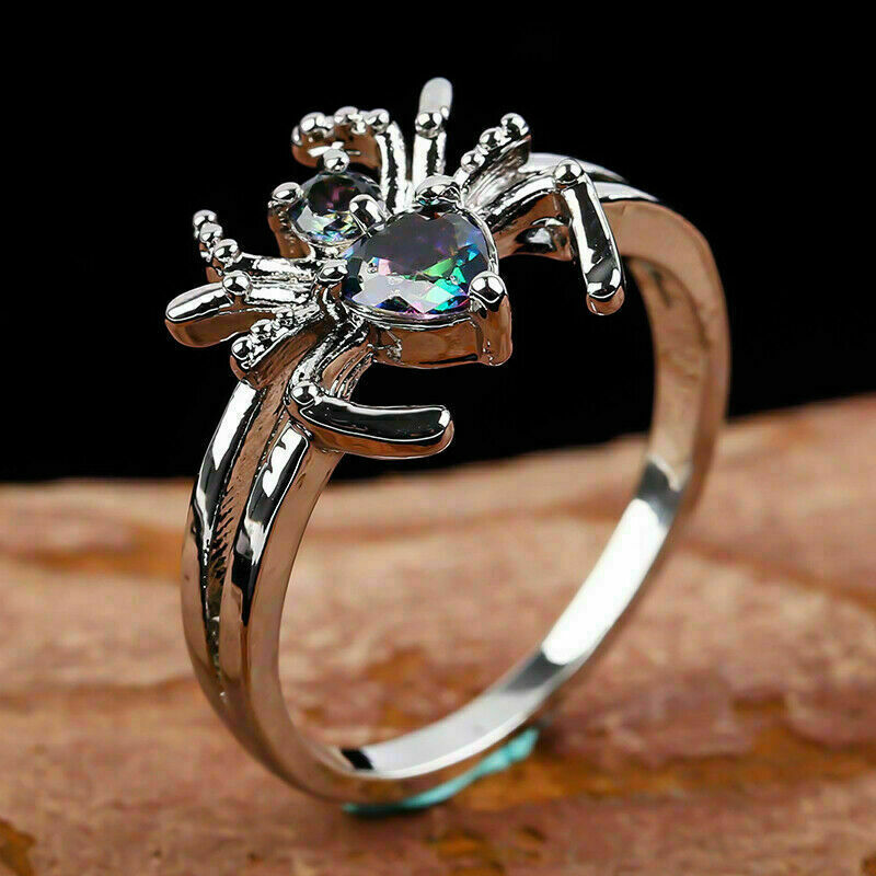 925 Sterling Silver Rainbow Mystical Topaz Spider Wedding Engagement Ring Size 9