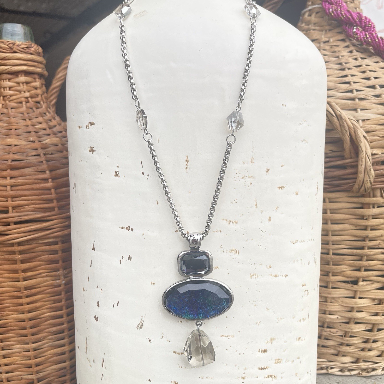Chico’s Silver Tone Textured Chain Gray Cord Blue Jewel Charm Necklace Chic 34”