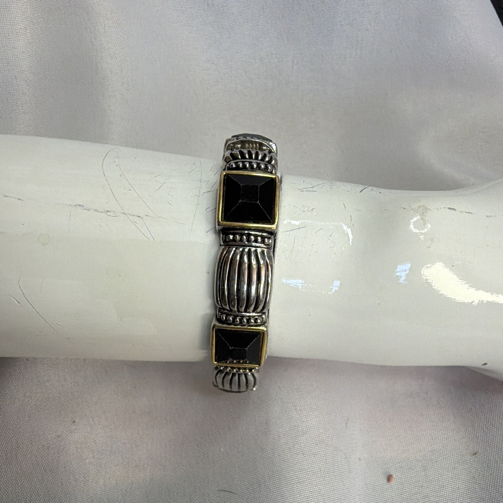 Silver Tone Hinged Bangle Bracelet Black Faceted Stone Gold Tone Accents Vintage