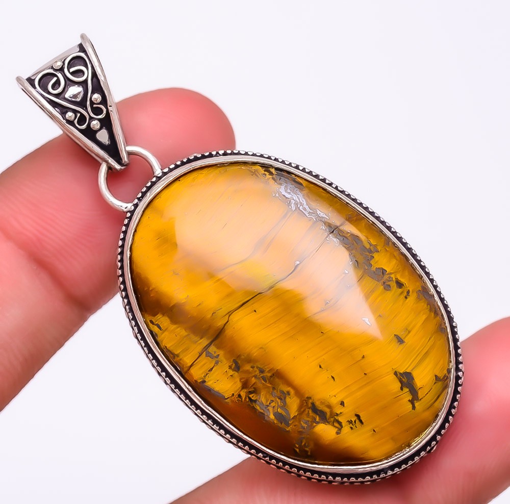 Natural Tiger’S Eye Gemstone 925 Silver Plated Jewelry Pendant 2.2″ W3157