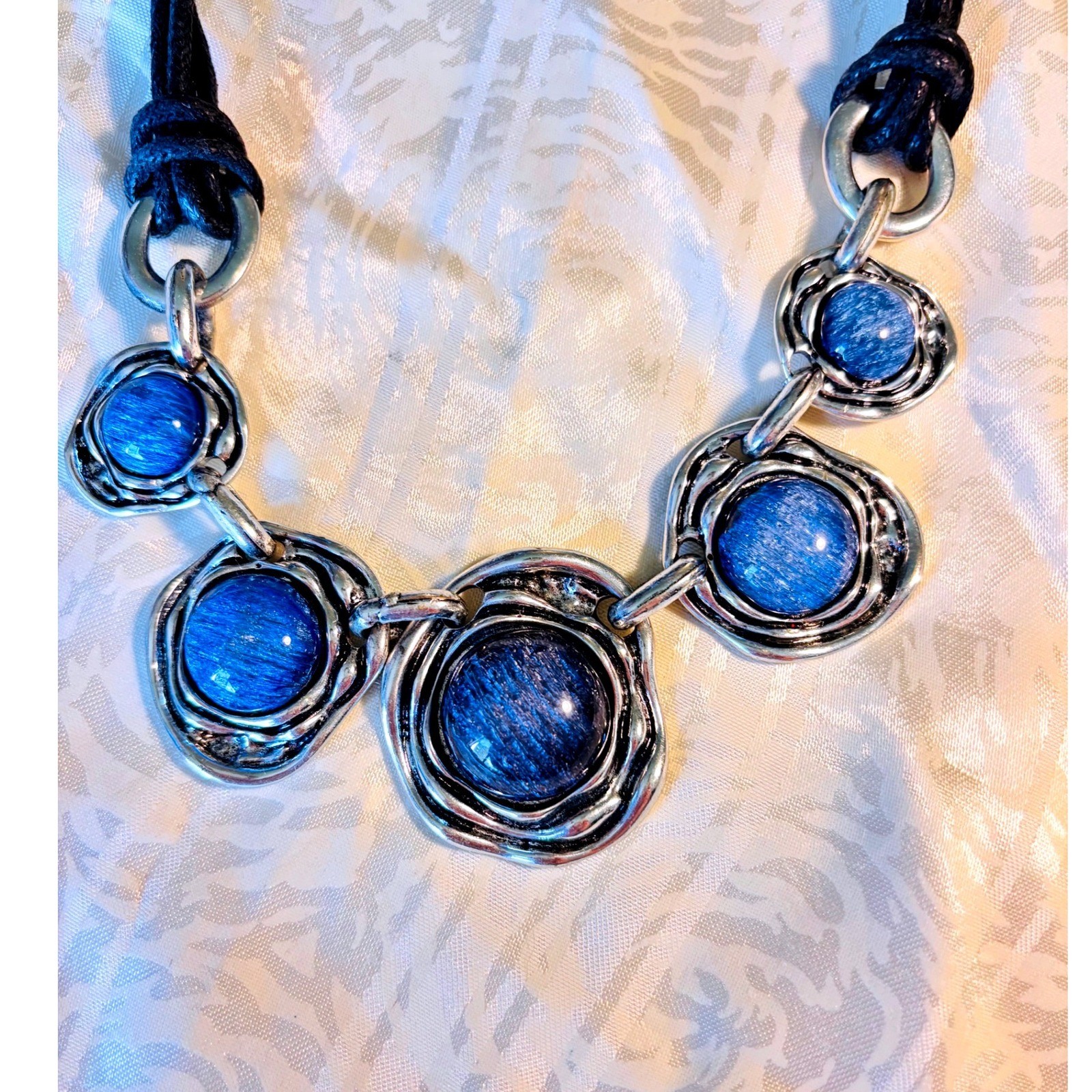 Chunky Blue Cabochon Statement Necklace Silver Tone Hammered Metal Black Cord